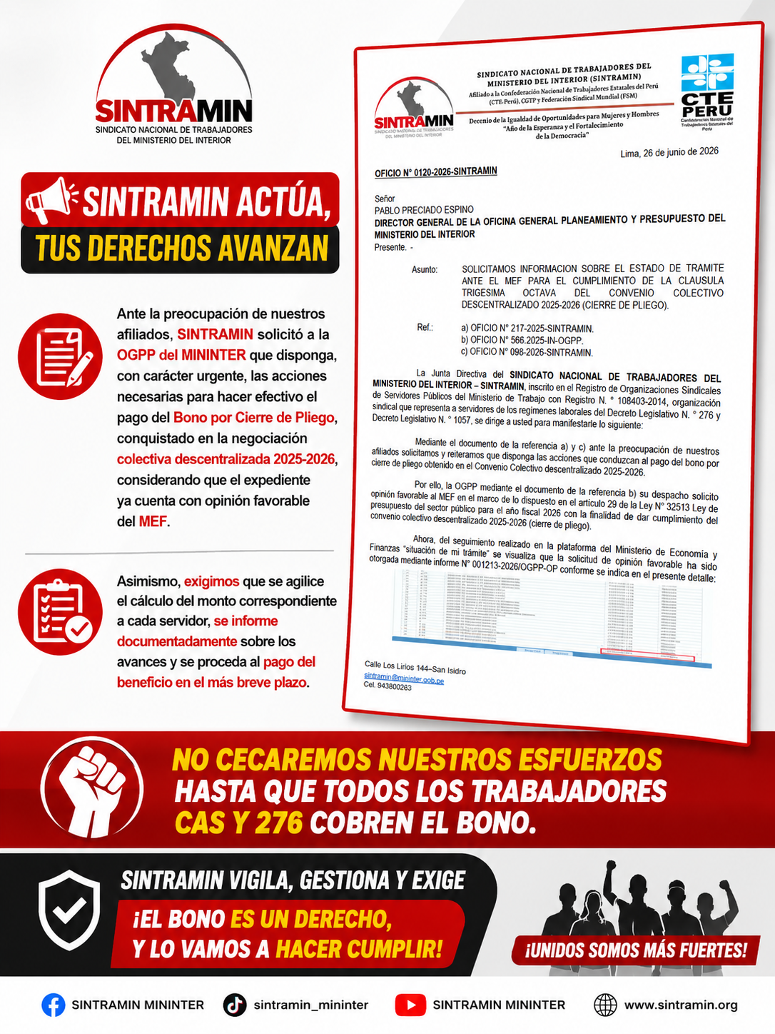 SINTRAMIN exige que agilicen pago de bono por cierre de pliego